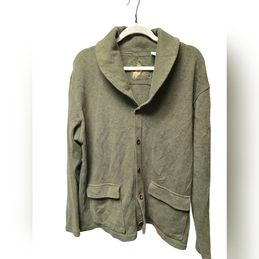 Orvis Cardigan Shawl Collar Sweater Mens Green Thick Pocket Heavy Button Sz. M